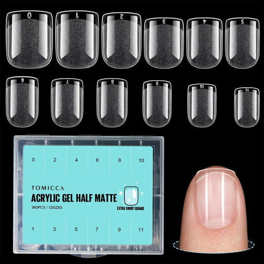 TOMICCA Extra Short Square Fake Nail Tips, Half Matte Acrylic Gel Nail Tips, 360Pcs Full Cover Pre Shaped 12 Sizes Fake Nails for Beginner and Professional DIY Nail Salon