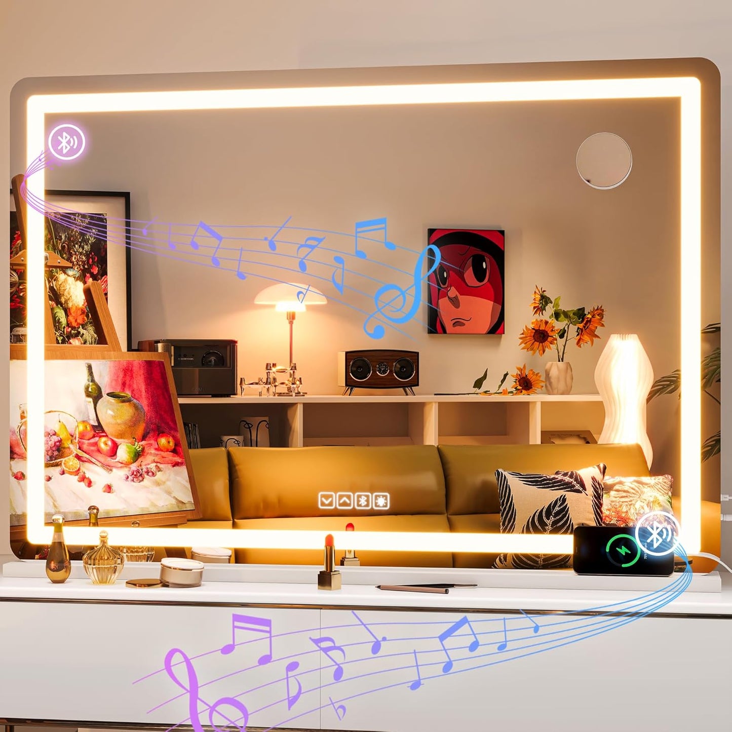 Hasipu Vanity Mirror with Lights and Bluetooth Speaker, 41.3" x 29.5" LED Makeup Mirror, Lighted Makeup Mirror with Dimmable 3 Modes, Touch Screen Control Vanity Mirror Round White