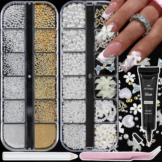 Nail Art Charms with Rhinestones Glue Gel White Flatback Pearls Flower Butterfly Nail Gems Supplies Accessories Gold Silver Nails Decoration Pearls for Women Nails Design