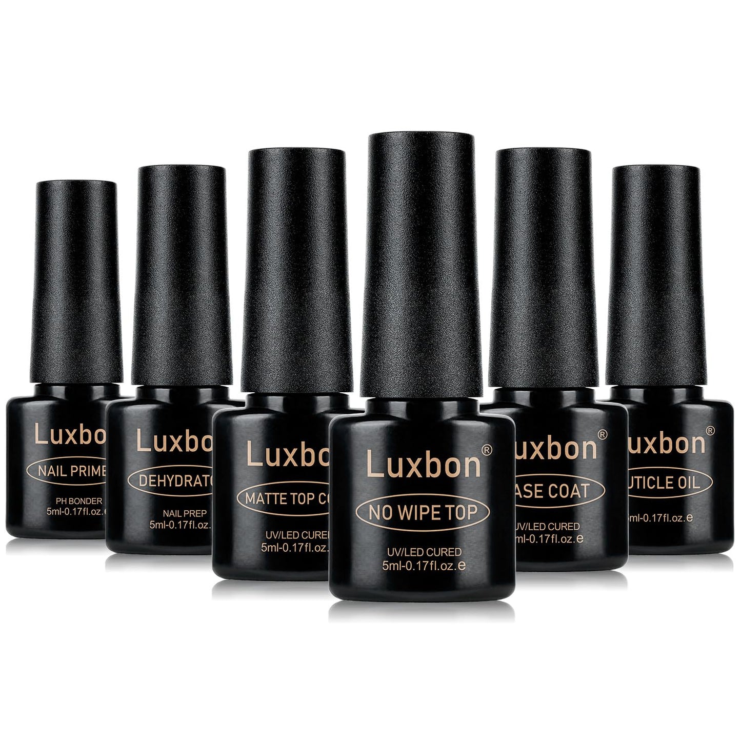 Luxbon 6 Pcs 5ml No Wipe Gel Top Coat and Base Coat Set - Cuticle Oil, Nail Primer Dehydrator, Matte Top Coat, Long Lasting, Shine Finish, UV LED Nail Lamp Soak Off Gel Base Top Coat Manicure