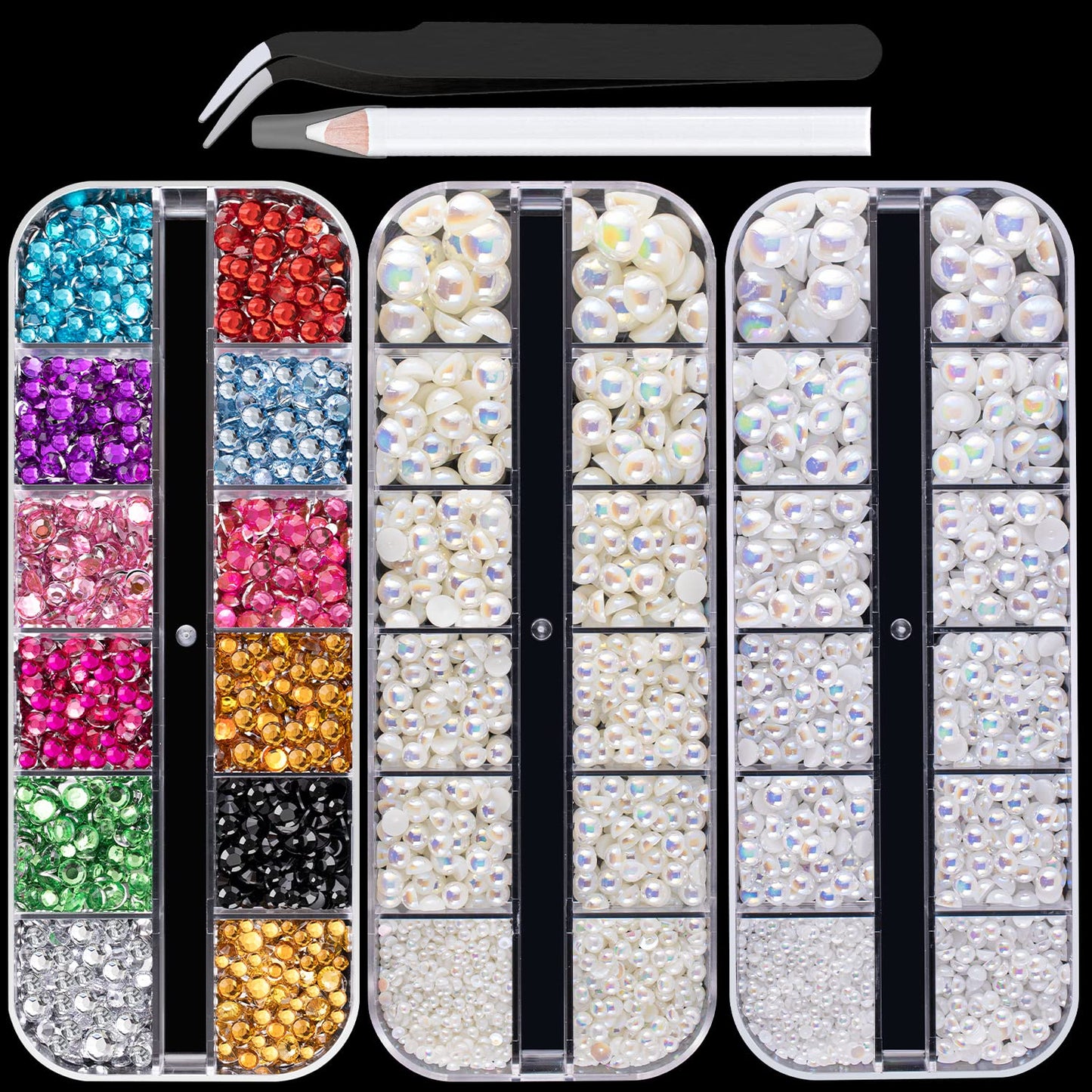 Flat Back Rhinestone+Half Round Pearl Kits Colorful Rhinestones+White AB+Beige AB Pearls With Picker Pencil And Tweezer For Home DIY And Professional Use