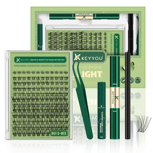 KEYYOU Natural Lash Clusters Kit 144Pcs DIY Lash Extension Kit Wispy Eyelash Extensions Kit D Curl 8-18MIX with Bond and Seal and tweezers with Thin Lash Band(KIT-N01-D-8-18MIX)