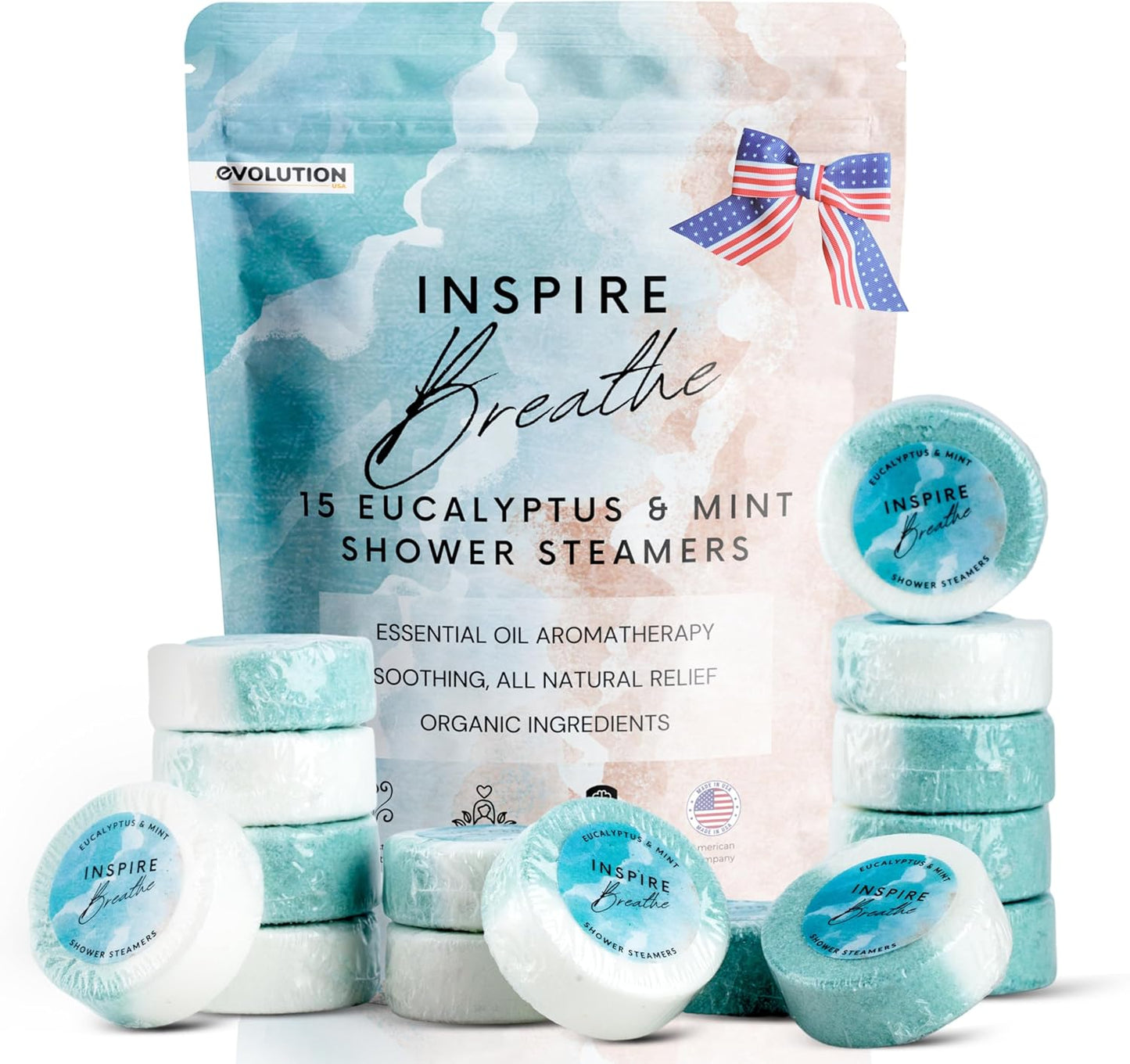 EvolutionUSA Inspire Breathe Shower Steamers, 15 Mint & Eucalyptus Shower Steamers for Women & Men, Refreshing Vapor Shower Tablets, Self Care Shower Bombs, Gift for Mother's Day, Easter, Birthday