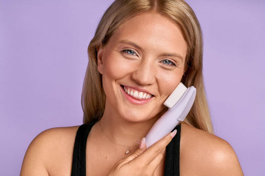 LOLLIPOP Dual-Sided Facial Cleansing Brush | Handle Size Silicone Face Exfoliator and Soft Fiber Cleanser | Manual Face Scrubber for Pores, Makeup Removal, Blackhead and Skincare Routine, Plum