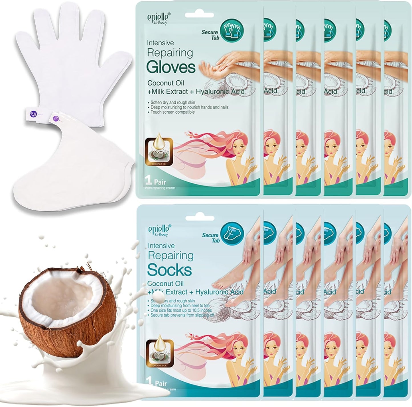 Epielle Intensive Repairing Hand & Foot Masks (6 Gloves & 6 Socks), Repair and Moisturize Dry Hands & Cracked Heels with Coconut Oil & Milk Extract, Korean Skin Care, Spa Self Care Gifts for Women