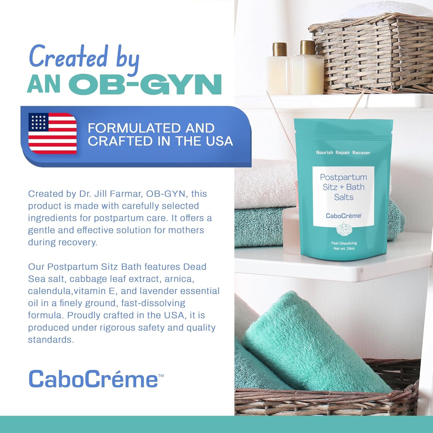 CaboCréme Postpartum Sitz + Bath Salts – 24oz – Postpartum Bath Soak for Perineal Care, Healing Tears, Swelling & Hemorrhoids – Dead Sea Salt with Magnesium, Arnica, Calendula + Cabbage Extract