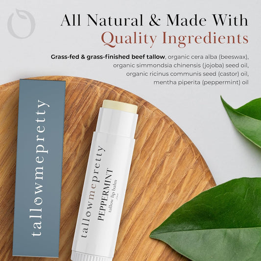 Peppermint Lip Balm, Ultra-Soothing, Deeply Hydrating Tallow Lip Balm with Grass Fed Beef Tallow, Beeswax, Jojoba Oil & More, Non Toxic Lip Care, Made in the USA, 0.15 Oz.
