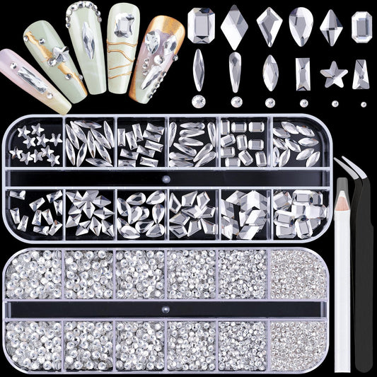 3220Pcs Clear Glass Nail Rhinestones 120Pcs Multi Shapes Flatback Gems Crystal + 3100Pcs 1.5-4mm Round Beads, Manicure Diomand Jewelry Gemstones for Nail Design Makeup Acrylic Nails Decoration
