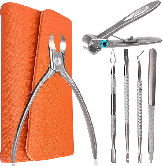 Nail Clippers Set for Thick Toenails and Fingernails, Heavy Duty Podiatrist Clippers for Ingrown Nails, Manicure Sets with Travel Leather Case, Gifts for Stocking Stuffers Men Women, 6PCS Orange