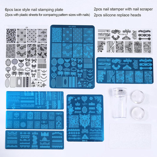 6pcs Lace Flower Design Nail Stamping Plate Kit With French Tip Nail Stamper Kit Ribbon Bow Knot Nail Stencil Reusable Stainless Steel Manicure Tool Nail Supplies for Salon DIY