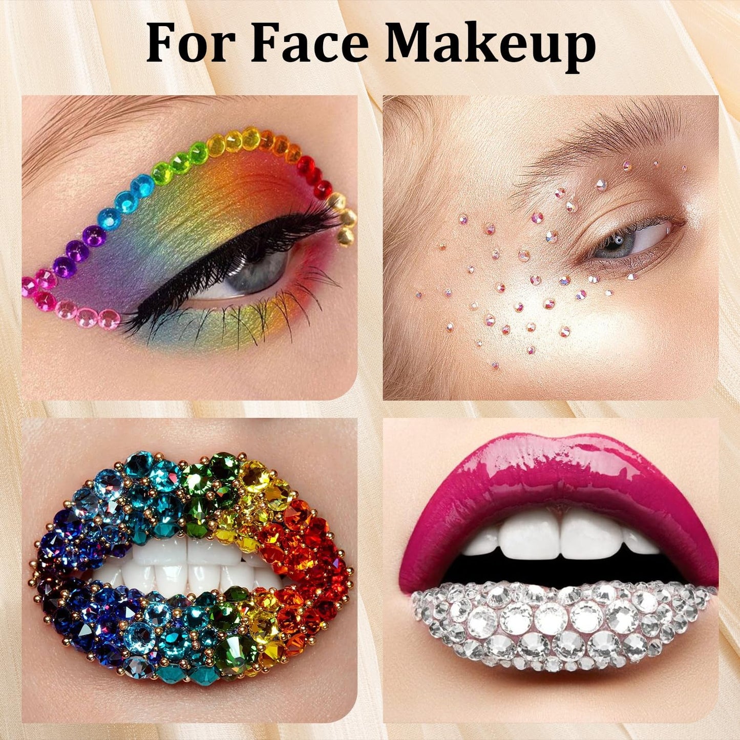Colorful Face Gems for Makeup Set, Flatback Gorgeous Charming Mixed-Colored Crystals with Makeup Glue+Picker Pencil+Tweezer for Eye Body Hair Make-up and Nail Art Deco