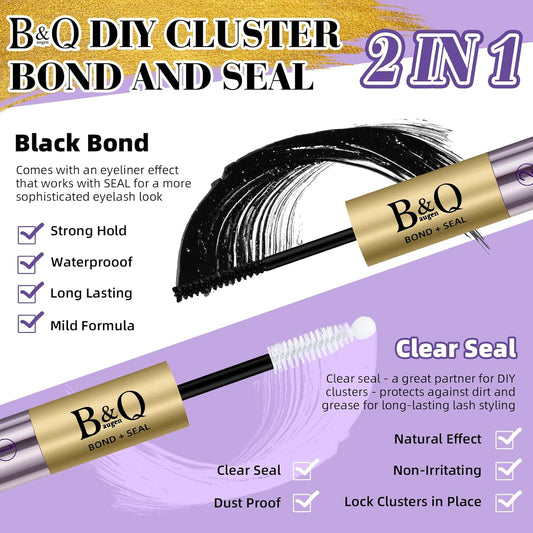 B&Q Lash Cluster Glue 10ml, Waterproof Bond and Seal Lash Glue, Long Lasting cluster lash glue, 2 in 1 Eyelash glue for Clusters Use Strong Hold 48h (Bond & Seal)