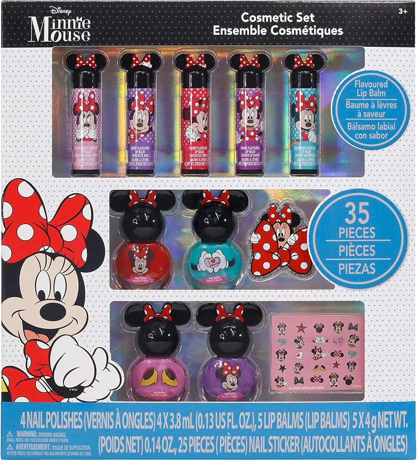 Townley Girl Disney Minnie Mouse Sparkly Cosmetic Makeup Set for Girls with Lip Balm Nail Polish Nail Stickers-35 Pcs|Perfect for Parties Sleepovers Makeovers|Birthday Gift for Girls above 3 Yrs, Kid