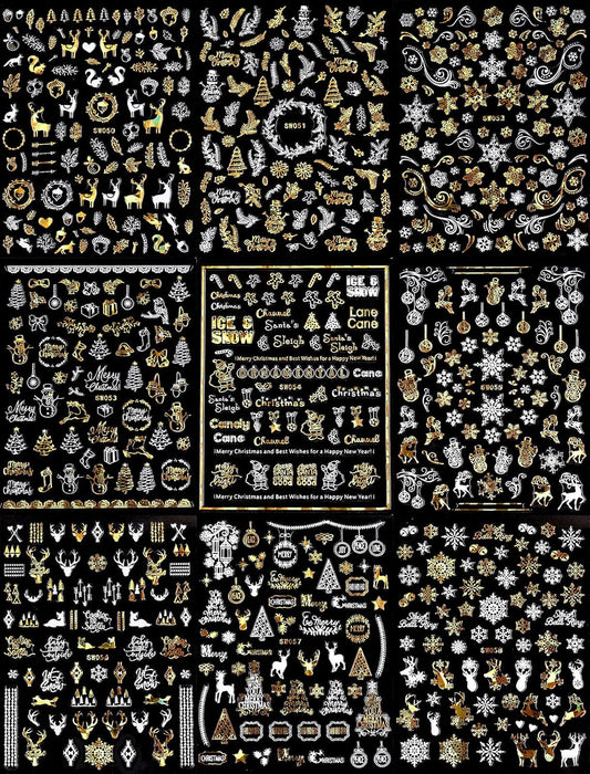 9 Sheets Christmas Nail Art Stickers Decals Self-Adhesive Pegatinas Uñas Gold White Nail Supplies Nail Art Design Decoration Accessories