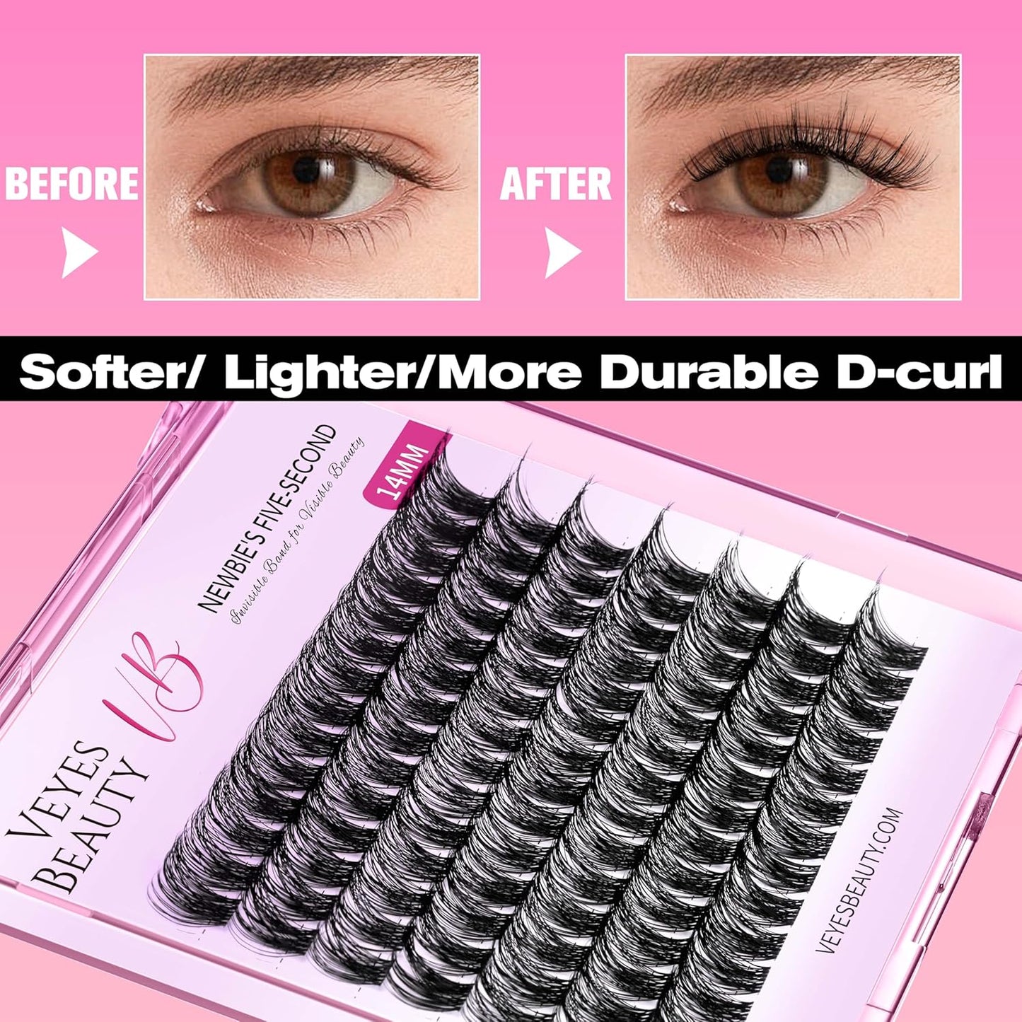 VEYESBEAUTY Lash Clusters Individual Eyelash Extensions Thin & Invisible Band DIY False Eyelashes for Self-application Newbie's Five-Second Series Wispy Lash Tray, Dreamy 16mm Single Length