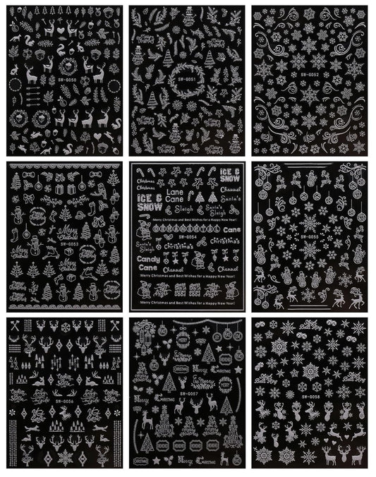 JMEOWIO 9 Sheets Christmas Glitter Nail Art Stickers Decals Self-Adhesive Snowflake Winter Holiday White Nail Supplies Nail Art Design Decoration Accessories