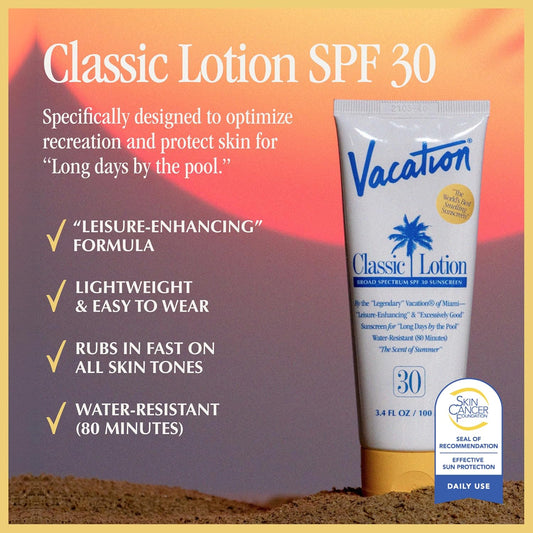 Vacation Classic Sunscreen Lotion SPF 30 & Air Freshener Bundle, Water-Resistant, Lightweight, Transparent on All Skin Tones, Dermatologist-Tested, Vegan, Travel Size, 3.4 Fl. Oz.