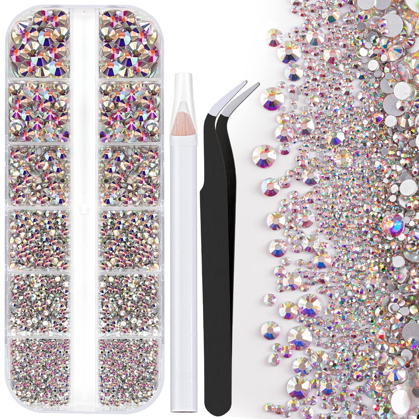 One Pack 2000 Pcs of Flatback Round AB Crystal Rhinestones 6 Sizes (1.5-6 mm) with Nail Art Rhinestone Picker Pencil and Tweezer for DIY and Salon Use
