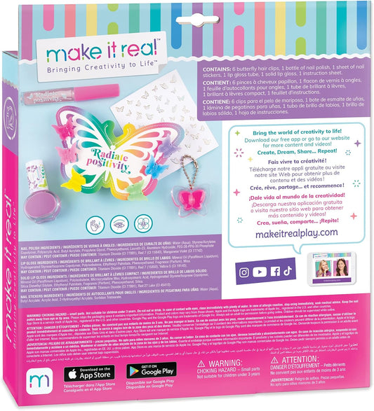 Make It Real: Butterfly Dreams Cosmetic Set - 11 Pieces, Tweens & Girls, Includes 6 Butterfly Hair Clips, Polish, Nail Stickers, 2 Lip Gloss & Instructions, Butterflies, Makeup & Beauty, Kids Ages 8+