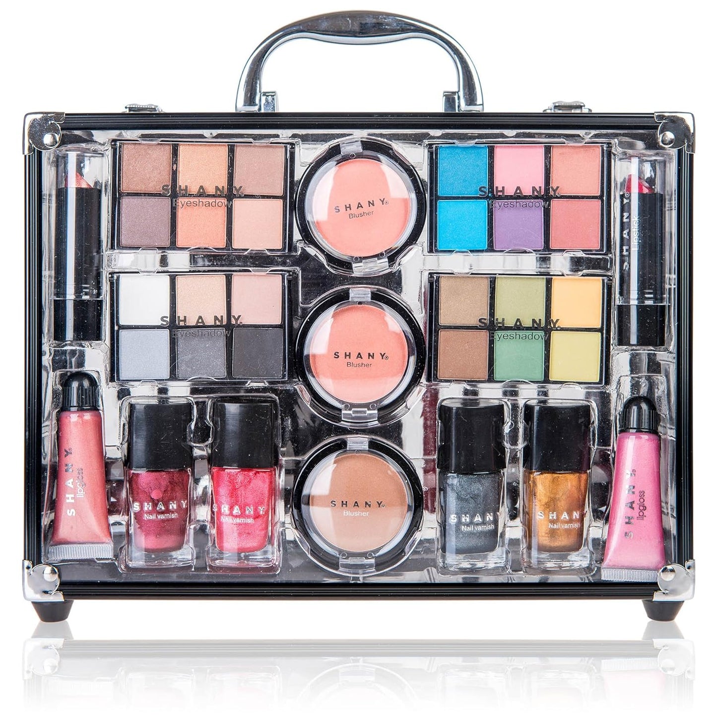 SHANY Carry All Trunk Makeup Train Case with Re-usable Aluminum Makeup Storage Case. Non Toxic Color Make up Set with Eye palettes, Blushes,Makeup Powders, Manicure, Pedicure and Makeup Brushes.