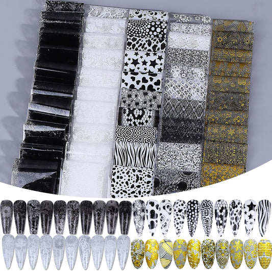Lace Nail Transfer Foil Stickers 50PCS Black White Flower Lace Nail Foils Line Geometry Prints DIY Starry Paper Sheets Nails Art Decoration for Women Bride Wedding DIY Daily Designs Manicure Film