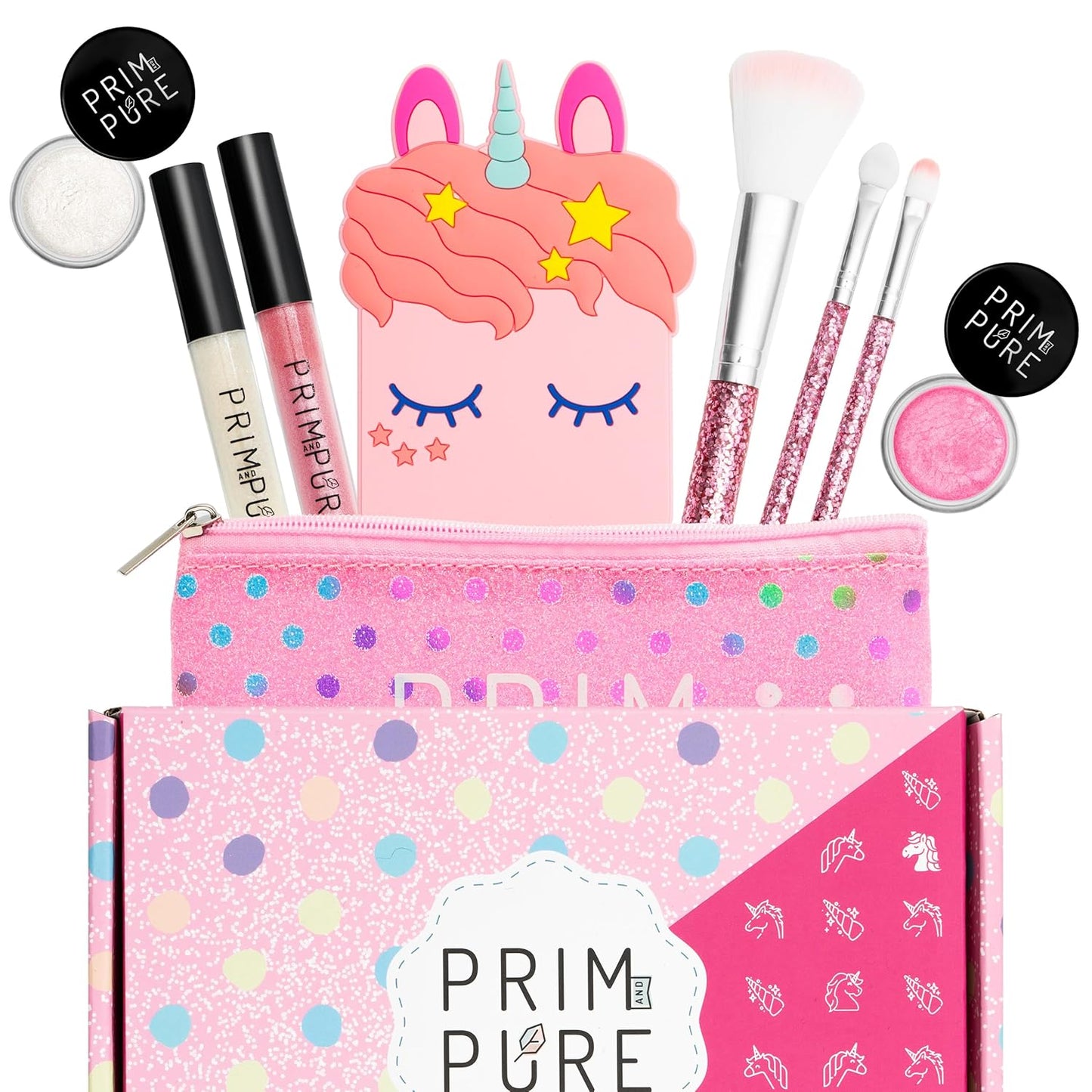 Prim and Pure Mineral Gift Set with Unicorn Mirror| Perfect for Play Dates & Birthday Parties | Kids Eyeshadow Makeup – Mineral Blush | Organic & Natural Makeup Kit for Kids| Made in USA (Pink)