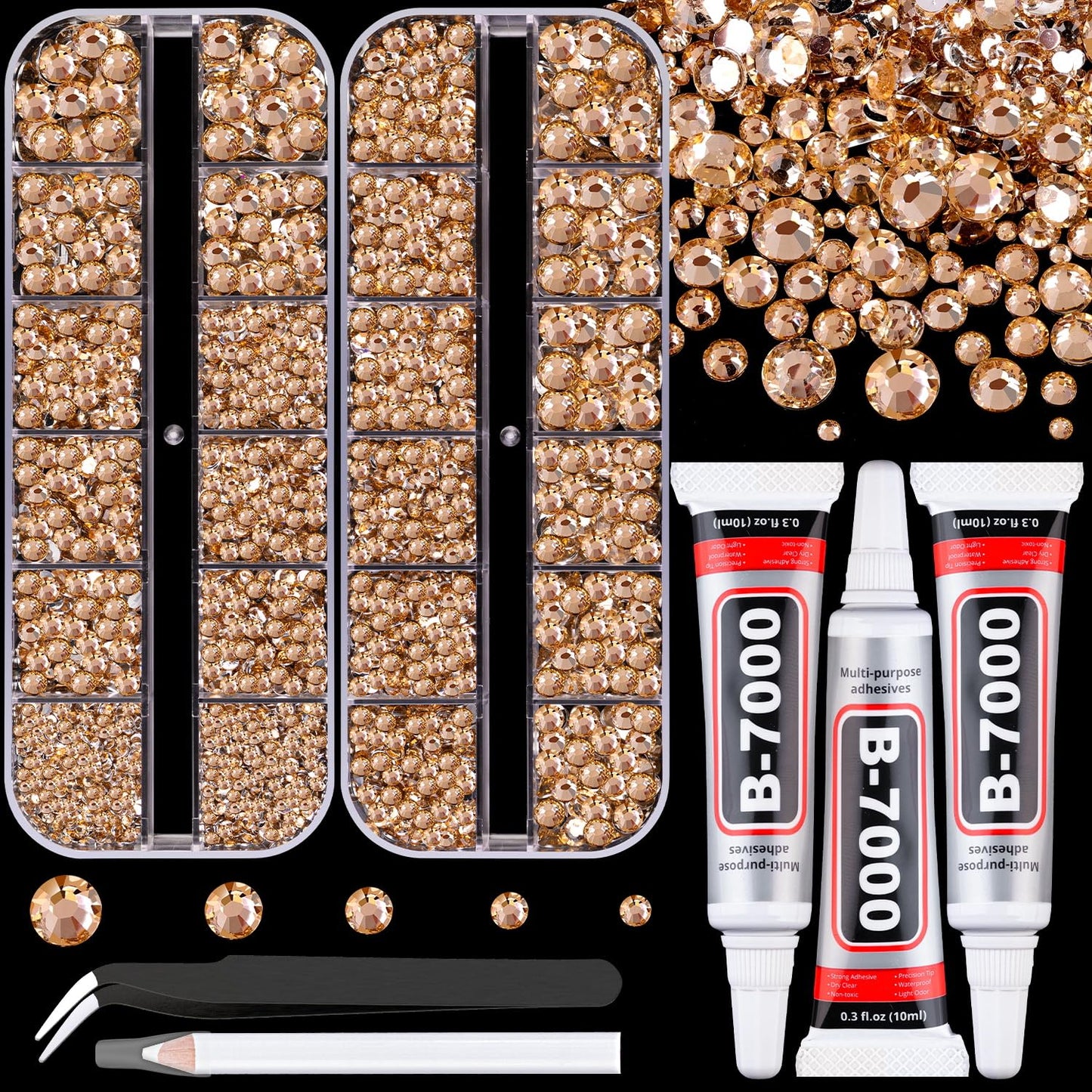 Resin Rhinestones for Crafting with B7000 Jewelry Glue, 2 Boxes Champagne Flatback Crystals with 3Pcs 10ml Glue for Bedazzling Crafts DIY Nail Art Makeup，Non Hotfix Gems for Clothing Shoes