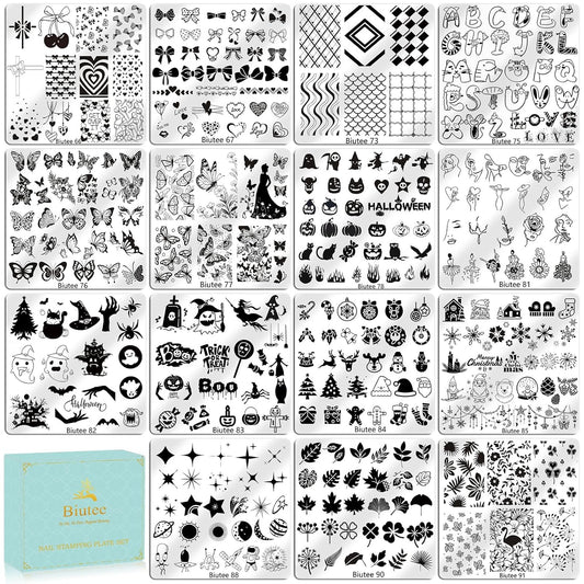 Biutee Nail Stamping Plate 15PCS Nail Stamper Kit Nail Art Stamping Plates Set with Nail Stamper, Scraper & Storage Bag, Nail Stamping Kit Star Bowknot Love Butterfly Leaf Halloween Design Template