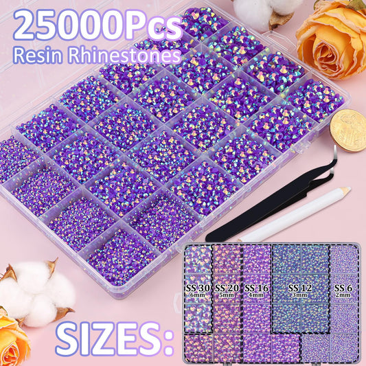 25000Pcs Resin Jelly Rhinestones for Crafting, Dark Purple AB 2-6mm Mixed Sizes Non Hotfix Flatback Gems, Bedazzling Crystal for DIY Crafts Clothing Tumblers Mugs Shoes Fabric Nail Art