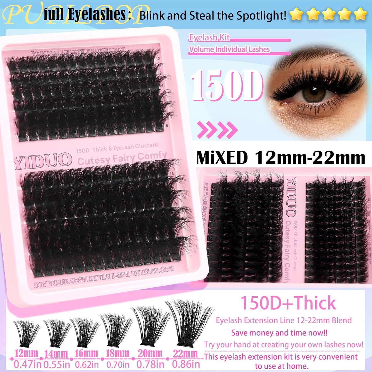 575Pcs Bulk Pack Lashes Clusters Kit with Glue and Removers, D Curl Volume 150D+200D+Spiky Lashes Clusters, 12-21mm Manga Extension Eyelashes DIY Individual False Eyelash Wholesale Pack