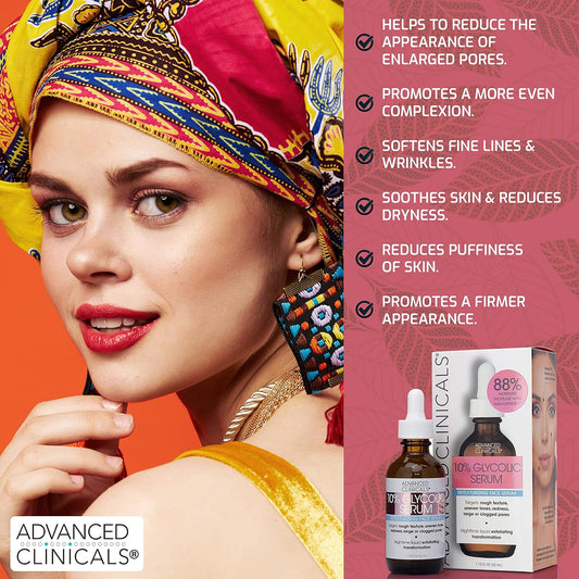 Advanced Clinicals 10% Glycolic Acid Serum For Face | Exfoliating AHA + Lactic Acid + Salicylic Acid Serum | Facial Chemical Peel Skin Care Treatment For Acne, Large Pores, & Dark Spots. 1.75 FL Oz