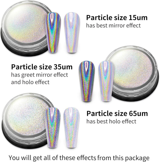 Artdone 3jars Holographic Chrome Nail Powder 1Gram Each, Unicorn Holo Rainbow Mirror Effect 20um 35um 65um Nail Pigment kit For Gel Polish Nail Art crome Set