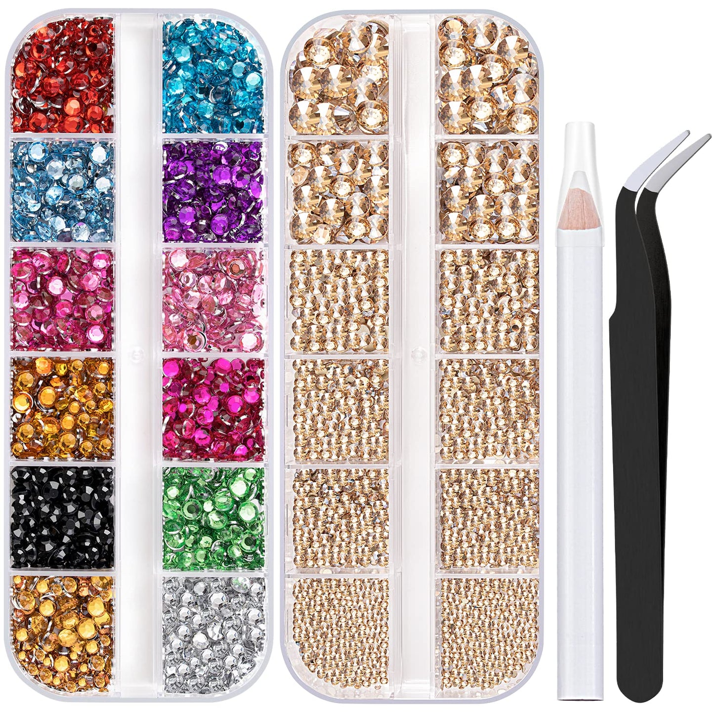 Two Packs of Flatback Rhinestones 4520 Pcs Colorful Nail Art Rhinestones Flatback Crystal Colorful+Champagne Rhinestone with Picker Pencil and Tweezer for Nail Art and Decoration