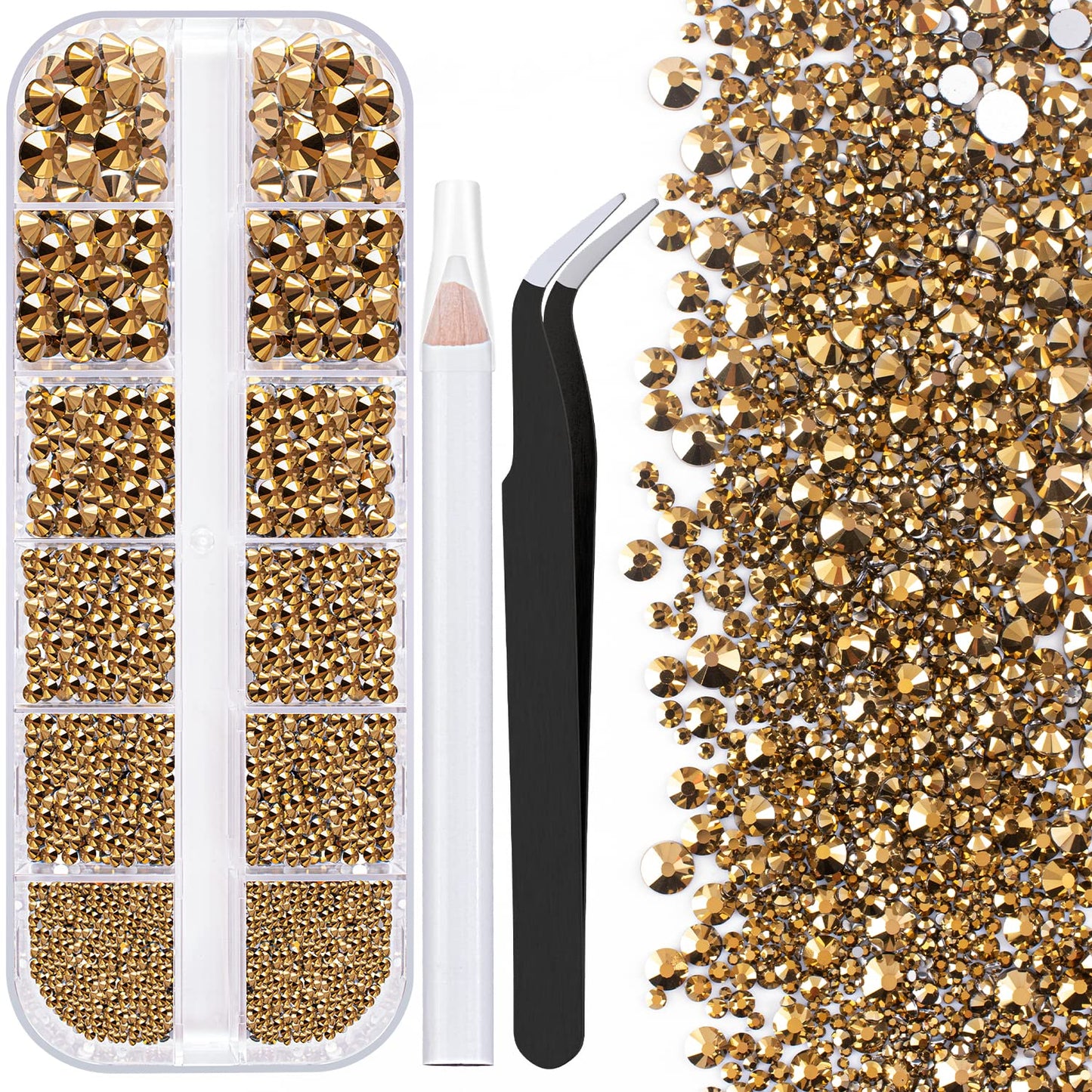 One Pack 2000 Pcs of Flatback Round Mineral Gold Rhinestones 6 Sizes (1.5-6 mm) with Nail Art Rhinestone Picker Pencil and Tweezers for DIY and Salon Use