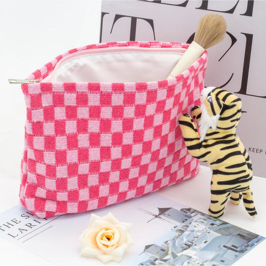 PAZIMIIK Knit Checkered Makeup Bag Large Zipper Make Up Accessory Pouch for Purse Cosmetic Brush Bag for Travel Essential,Hotpink