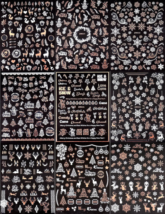 9 Sheets Christmas Nail Art Stickers Decals Self-Adhesive Pegatinas Uñas Rose Gold Snowflake Tree Winter Nail Supplies Nail Art Design Decoration Accessories