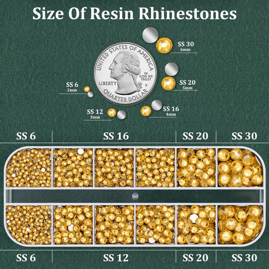 Resin Rhinestones for Crafting with B7000 Jewelry Glue, 1 Box Golden Yellow Flatback Crystals with 3Pcs 10ml Glue for Bedazzling Crafts DIY Nail Art Makeup, Gems for Clothing Shoes