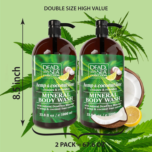 Dead Sea Collection Hemp & Coconut Lime Body Wash for Women and Men – with Pure Dead Sea Minerals - Cleanses and Moisturizes Skin - Pack of 2 (67.6 fl. oz)