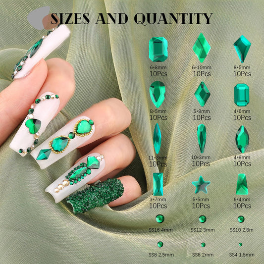 3220Pcs Emerald Green Glass Nail Rhinestones 120Pcs Multi Shapes Flatback Gems Crystal + 3100Pcs 1.5-4mm Round Beads, Manicure Diomand Jewelry Gemstone for Nail Design Makeup Acrylic Nails Decoration