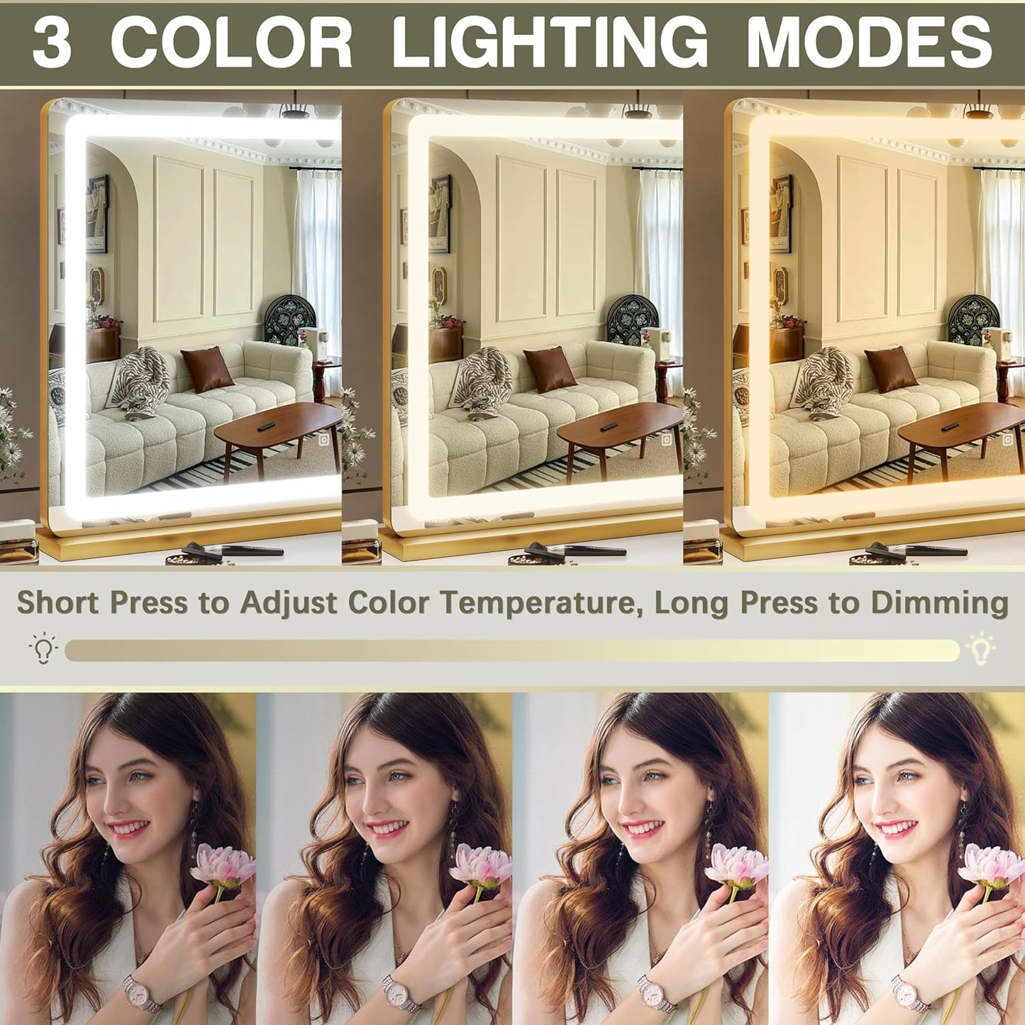 Gold Vanity Mirror with Lights, 32" x 22" Large Lighted Vanity Mirror with Dimmable 3 Modes, LED Makeup Mirror, USB Charging Port, Tabletop or Wall-Mounted