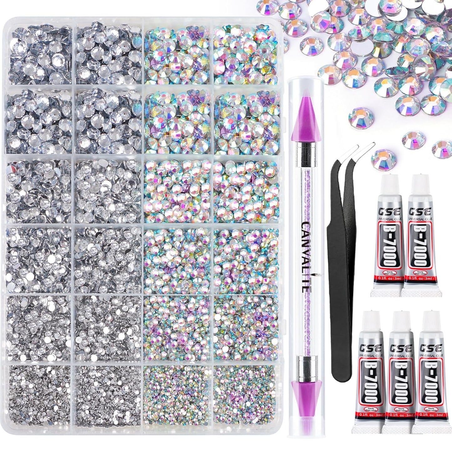 Canvalite 25000PCS Resin Jelly Rhinestones for Crafting,Clear AB Flatback Gems, Bedazzling Crystal with 5 X 2.5g B7000 Jewelry Glue and Tweezers and Dotting Pen for DIY Crafts Clothing Shoes Nail Art
