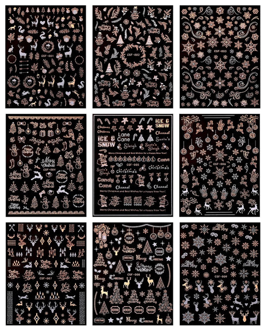 JMEOWIO 9 Sheets Christmas White Glitter Nail Art Stickers Decals Self-Adhesive Snowflake Winter Holiday Rose Gold Nail Supplies Nail Art Design Decoration Accessories