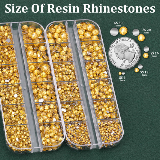 Resin Rhinestones for Crafting with B7000 Jewelry Glue, 2 Boxes Golden Yellow Flatback Crystals with 3Pcs 10ml Glue for Bedazzling Crafts DIY Nail Art Makeup, Gems for Clothing Shoes