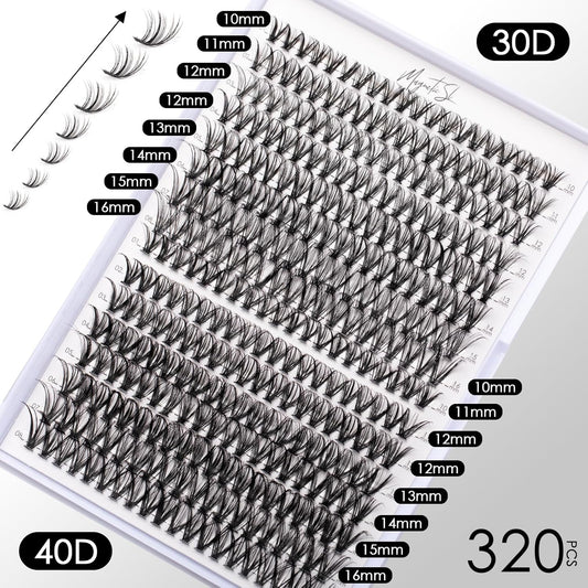 Lash Clusters DIY Lash Extensions Kit 320pcs Individual Lashes Clusters 30D 40D D Curl Eyelash Extension Kit with Applicator and Lash Bond&Seal,Clusters Lash Glue Remover Mix 10-16mm (30D+40D-320 KIT)