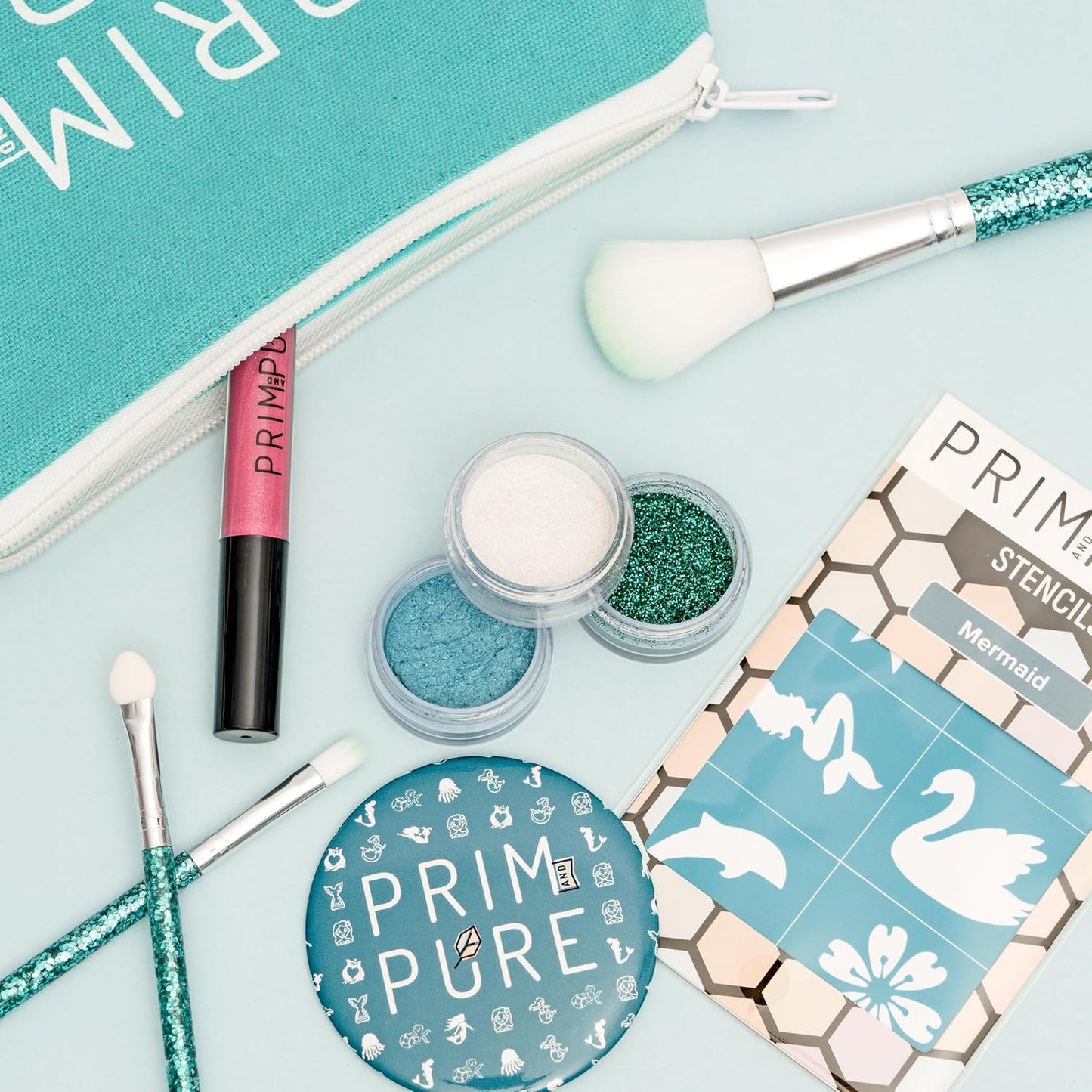 Prim and Pure Kids Makeup Gift Set - Stencil, Makeup Eyeshadow Bioglitter Lip Gloss and Cosmetic Bag Mirror Makeup Brush Accessories (Mermaid Blue)