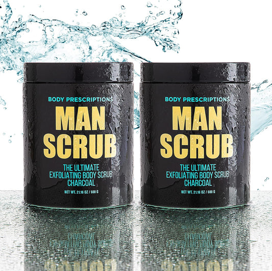 Body Prescriptions Men’s Exfoliating Body Scrub – Ultimate Skin Cleansing Wash in Jar with Twist-Top Lid, For All Skin Types, 21 Ounce (Pack of 2), Charcoal