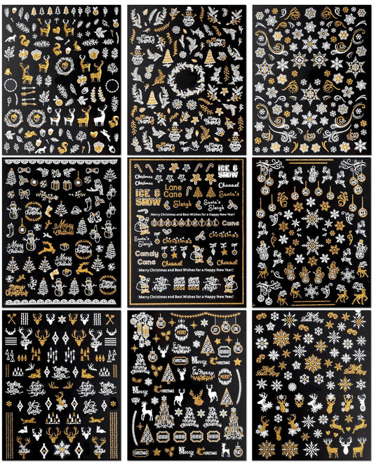 JMEOWIO 9 Sheets Christmas Nail Art Stickers Decals Self-Adhesive Pegatinas Uñas Bling Snowflake Snowman Holiday White Gold Nail Supplies Nail Art Design Decoration Accessories