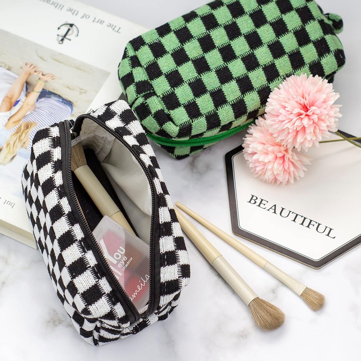 PAZIMIIK Checkered Makeup Bag for Purse Portable Zipper Make Up Pouch Small Cosmetic Case for Travel Accessories (2PCS Black)