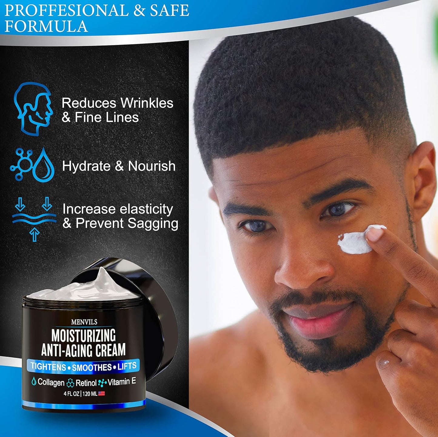 Mens Face Moisturizer Cream - Anti Aging & Wrinkle for Men with Collagen, Retinol, Vitamins E, Jojoba Oil - Face Lotion - Age Facial Skin Care - Eye Wrinkle - Day & Night - 4 oz
