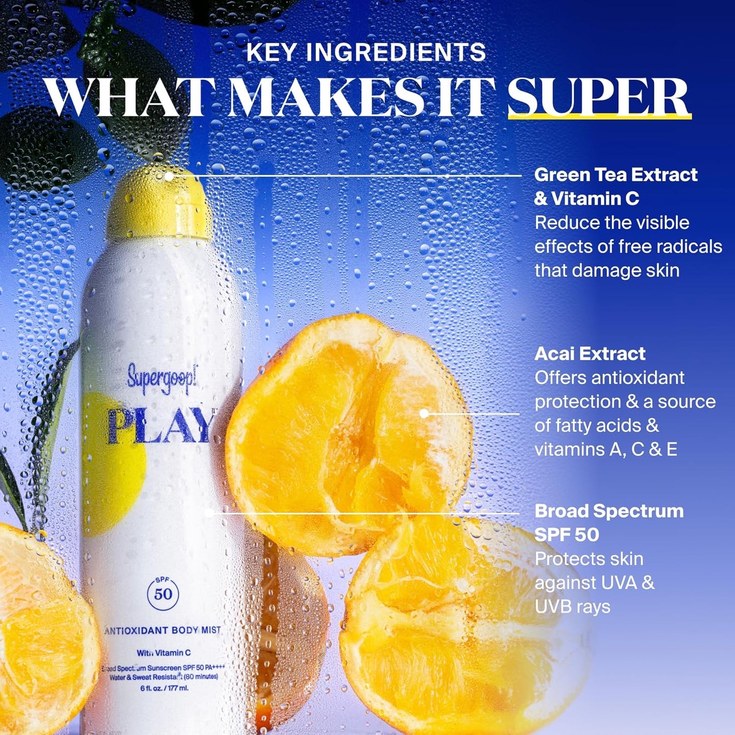 Supergoop! PLAY Antioxidant Body Mist w/Vitamin C - 3 fl oz - SPF 50 PA++++ Broad Spectrum Sunscreen - Body Spray - Great for Active Days